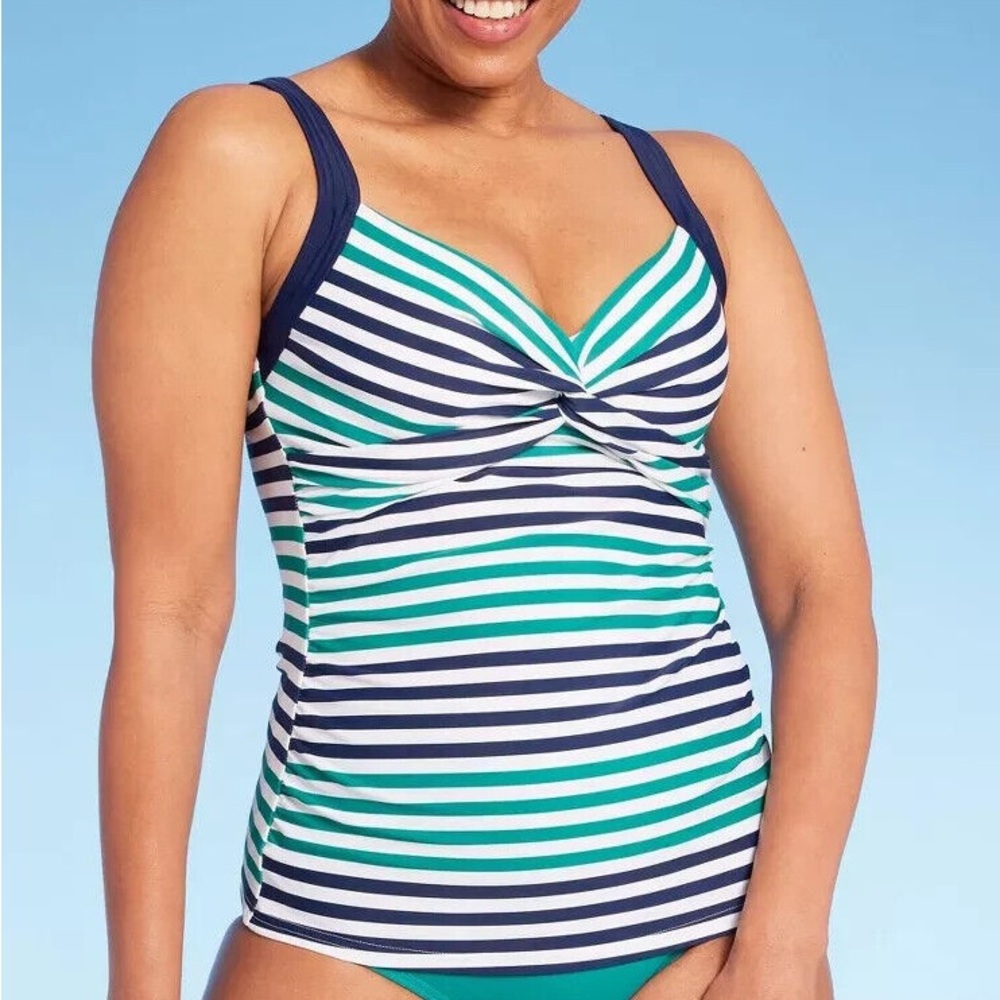 Lands‎ End Navy & Green Striped Underwire Twist Front Tankini Top